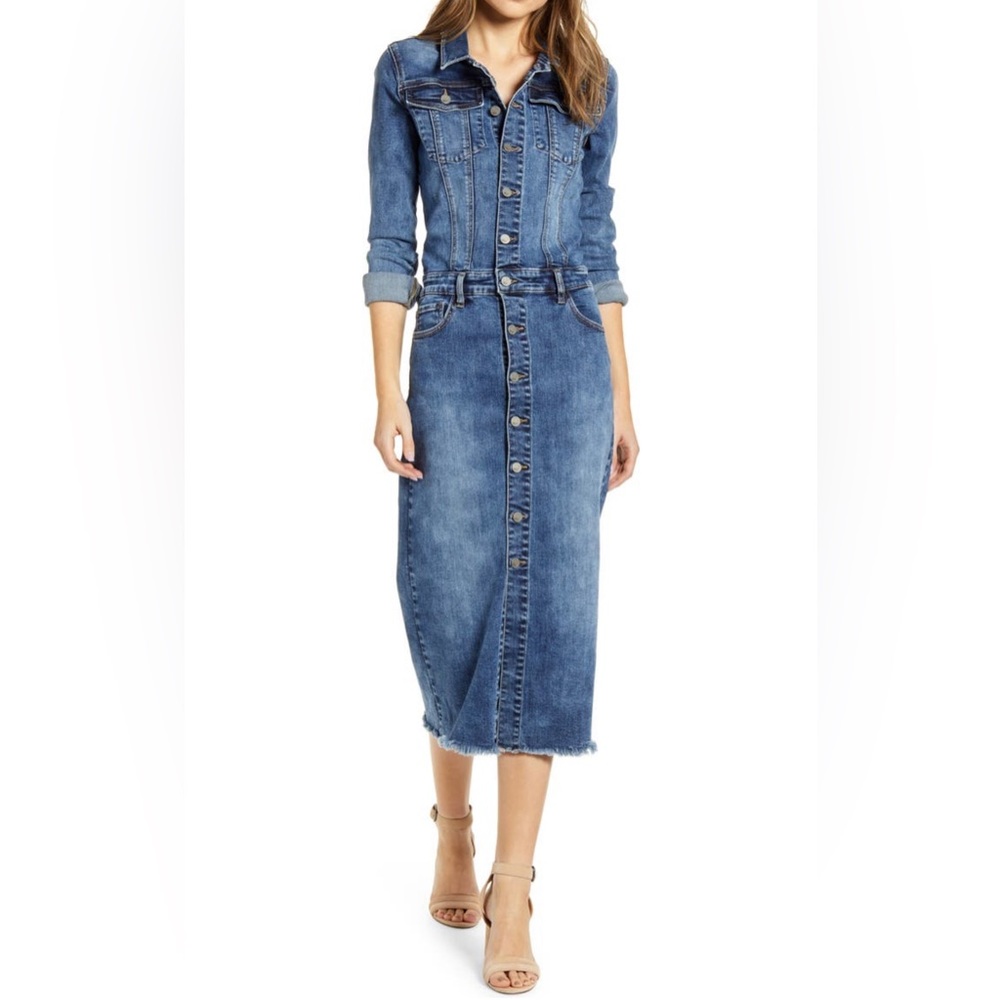 Denim Button-Front Midi Dress in Blue